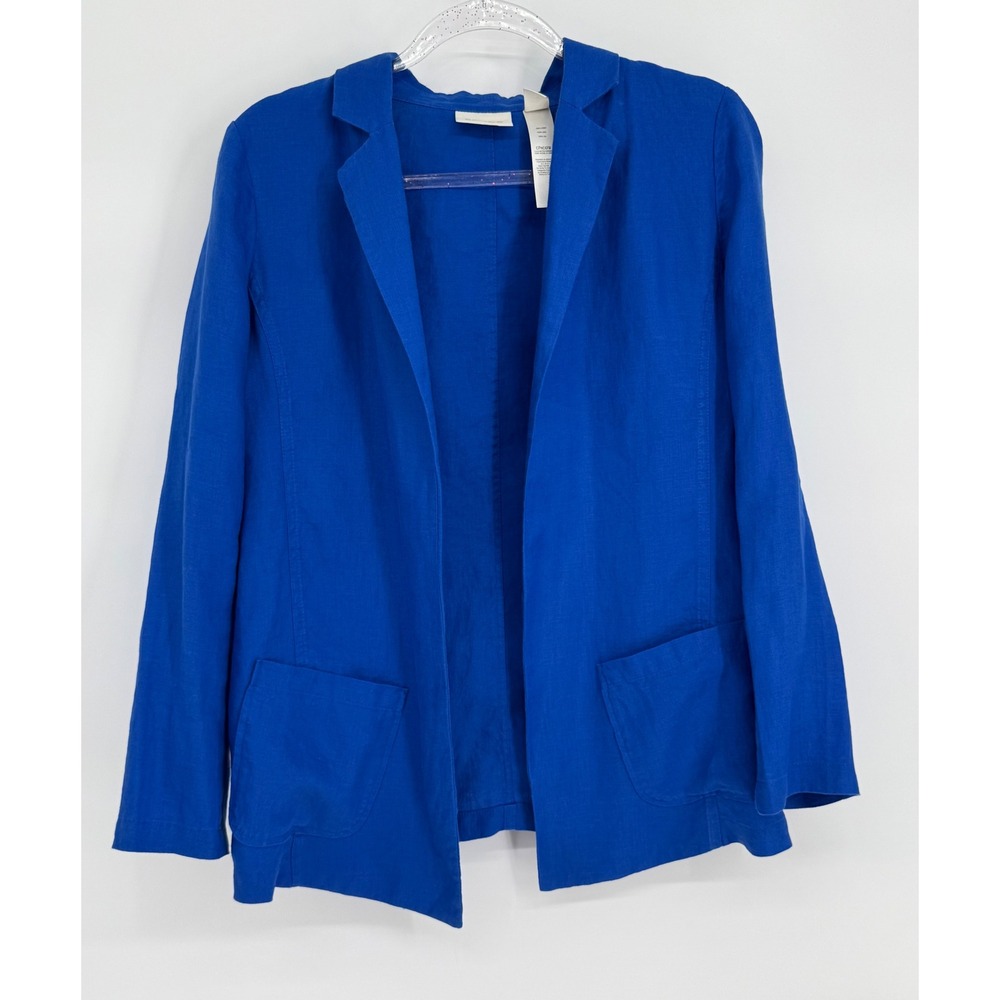 Chicos Womens Royal Blue 100% Linen Open Front Blazer‎ Notched Lapel Sz 00 XS